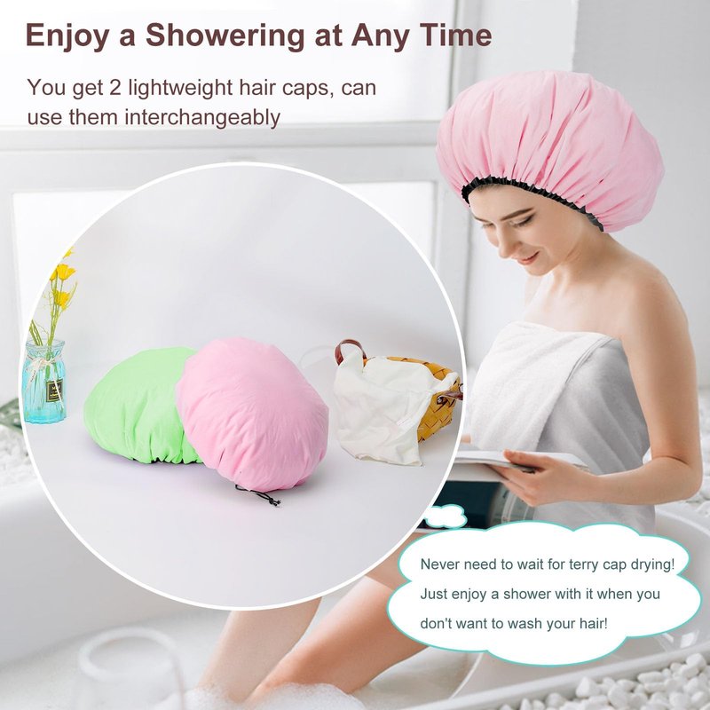 Sheomern 2 Pcs 15" XL Extra Large Terry Lined Shower Cap, Adjustable Dual Waterproof Shower Cap for Women Reusable Soft Hair Cap Bath Cap for Long Braids, Thick Hair, Locs, Curly Hair