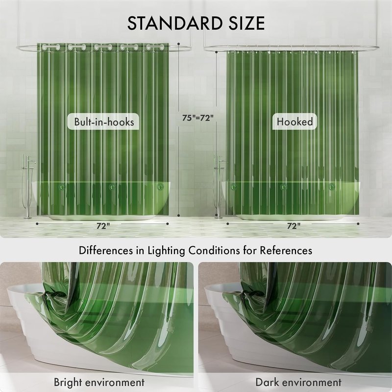 AmazerBath Hookless Shower Curtain Liner - 100% EVA Heavy Duty, 72x75 Clear Green with 3 Weights