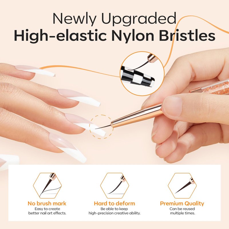 modelones Nail Art Brushes, Super Fine Liner Nail Brush Kit Dual-ended 7/11/15/20mm for Gel Polish Thin Lines, Precise Details, Fine Drawing Painting Design Acrylic Rhinestone Handle Salon & DIY Use