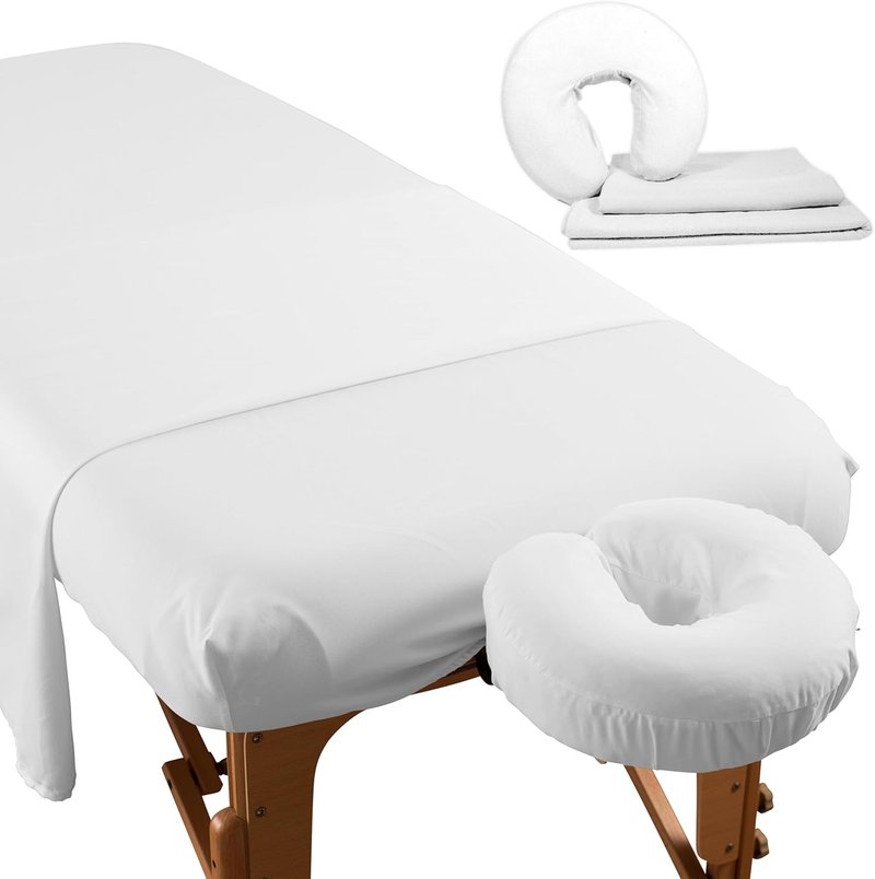 Cotton Poly Massage Table Sheet Set by NRG - 3 Piece Set - Face Cradle Cover, Flat Sheet and Fitted Sheet - 175 Thread Count - Soft, Durable 50/50 Cotton Poly Blend - Color: White
