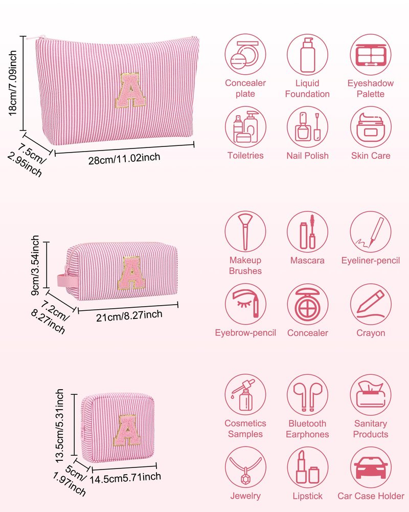 MONSTINA Preppy Chenille Makeup Bag|Personalized Initial Bags with Zipper,Cute Makeup Pouch Stripe Cosmetic Bag,Birthday Gift for Daughter|Preppy Things for Girls,3PCS Pink Q