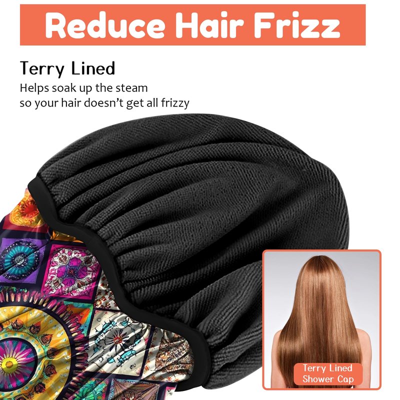Cabreche Luxury Shower Cap Terry Lined Reusable Triple Layer Waterproof Hair Elastic Caps Shower Bath Hat for Women Girls Cute Aesthetic-Mandela