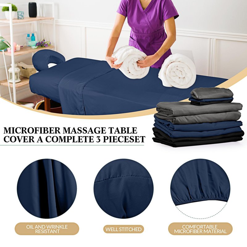 Kinlop 3 Sets Microfiber Massage Table Sheet Set 3 Colors 3 Piece Set Includes Massage Flat Sheet Fitted Sheet and Massage Face Rest Cover Stain Wrinkle-Resistant(Black, Dark Gray, Navy)