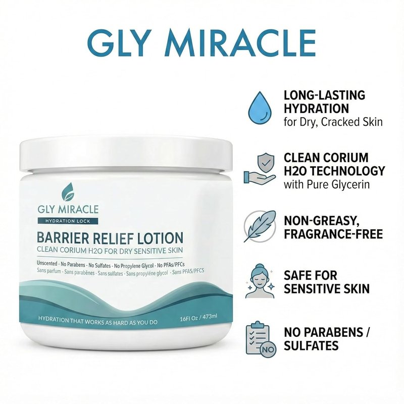GLY MIRACLE Barrier Relief Clean Corium H2O Moisture Lotion, Professional-Strength Glycerin Hydration for Severely Dry, Cracked, Sensitive Skin, Fragrance-Free, Non-Greasy, 16 oz Jar