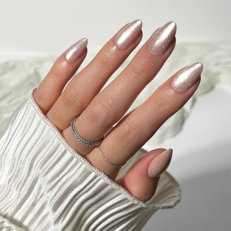 Glamnetic Press On Nails - The Vow | Short Almond Nude Fake Nails with Glossy Velvet Finish | 30 Nail Kit with Glue, 15 Sizes