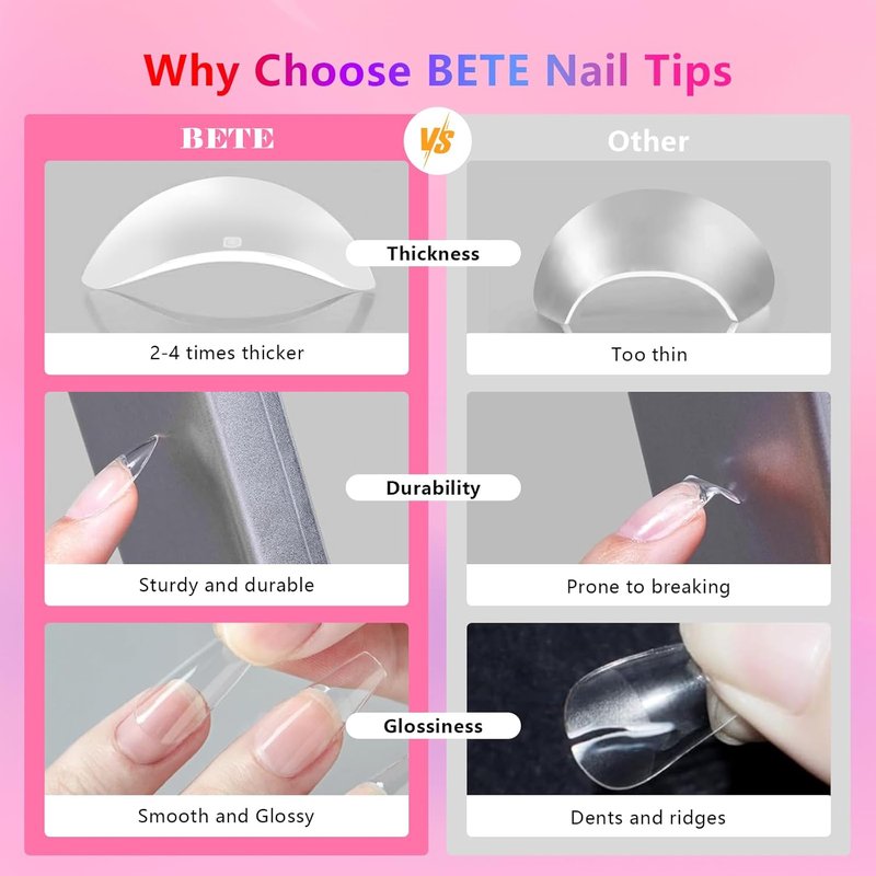 BETE Medium Almond Clear Acrylic Nail Tips - 224 Pcs in 16 Sizes | Pre-Shaped Strong Press-On Nails for DIY Manicure