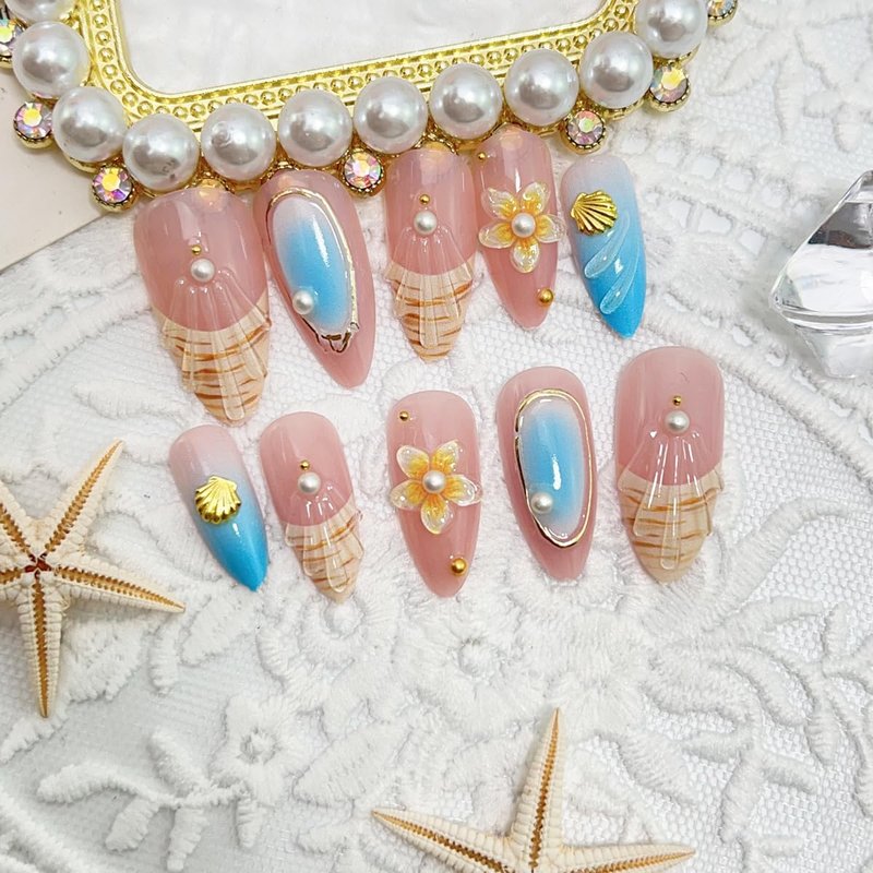 Press-On Nails - Summer Beach Almond French Tips with 3D Flower & Gold Shell Design | Blue Gradient Full Cover Acrylic, 24 Pcs