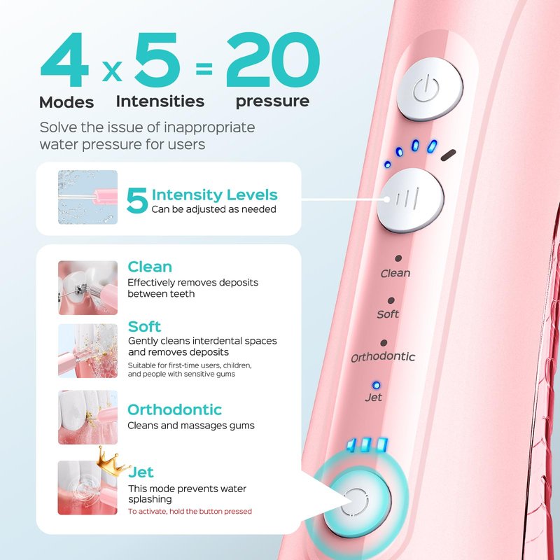 COSLUS C50 Portable Water Flosser for Teeth: 4 Modes & 5 Intensity Levels Professional Electric Dental Pick for Sensitive Gums, Braces & Orthodontic - Cordless for Travel Use, BPA-Free, ADA Accepted