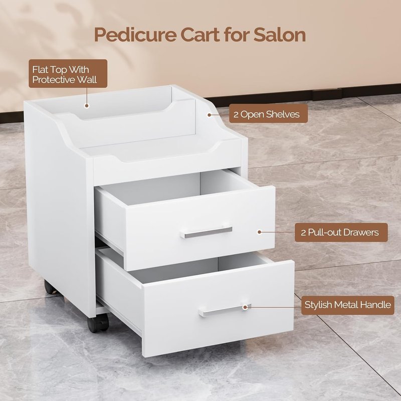 OmySalon Pedicure Cart - Portable Foot Bath Trolley with 2 Drawers & Lockable Wheels | White Spa Supplies