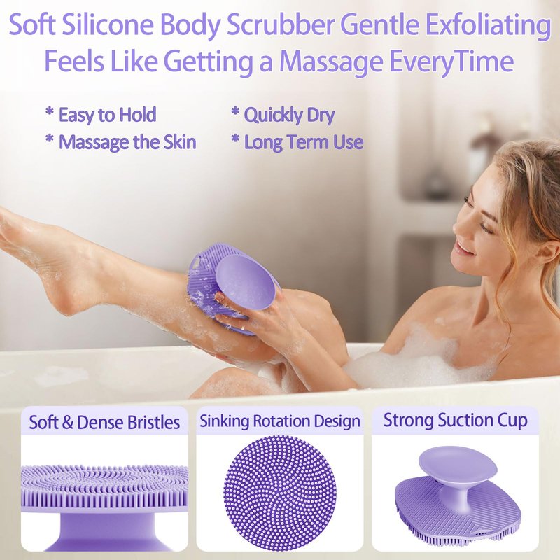 ARIOSOX, Soft Silicone Body Scrubber, Gentle Like a Hand Exfoliating Your Skin and Build Up Lather Easily, Back Large Suction Cup Easy to Store, Long-Lasting & Deep Clean (Purple)