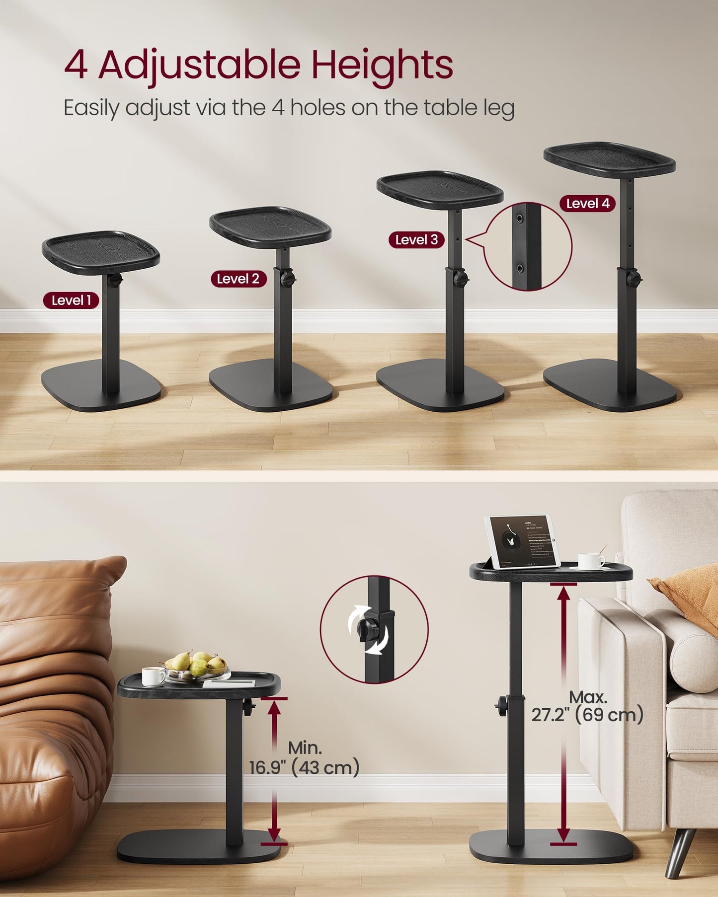 VASAGLE C Side Table Adjustable Height, Couch Sofa Table, End Table, TV Tray for Small Spaces, 11.8 x 15.7 x 27.2 Inches, for Living Room, Bedroom, Ink Black ULET363B101