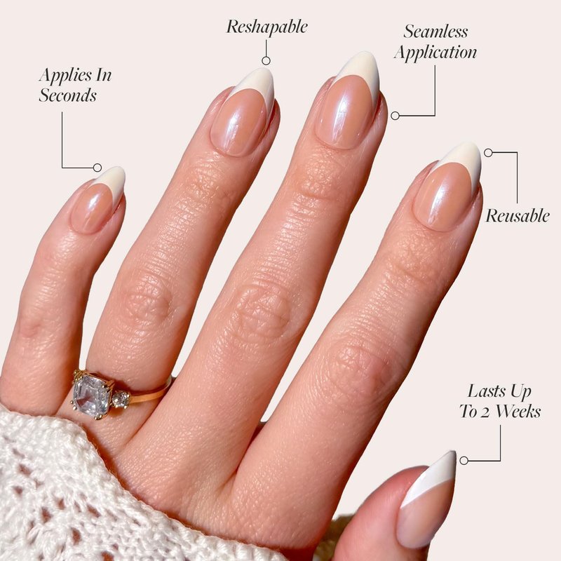 Glamnetic Press On Nails - Mrs. | Short Almond Fake Nails with Glossy French Tips | 30 Nail Kit, 15 Sizes Included