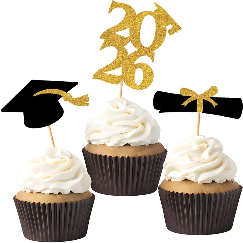 OHOME Graduation Decorations 2026-36 PCS Graduation Cupcake Toppers - 2026 Graduation Party Decorations - Mini Cake Decorations for Class of 2026,Diploma, 2026, Grad Cap Set (Black)