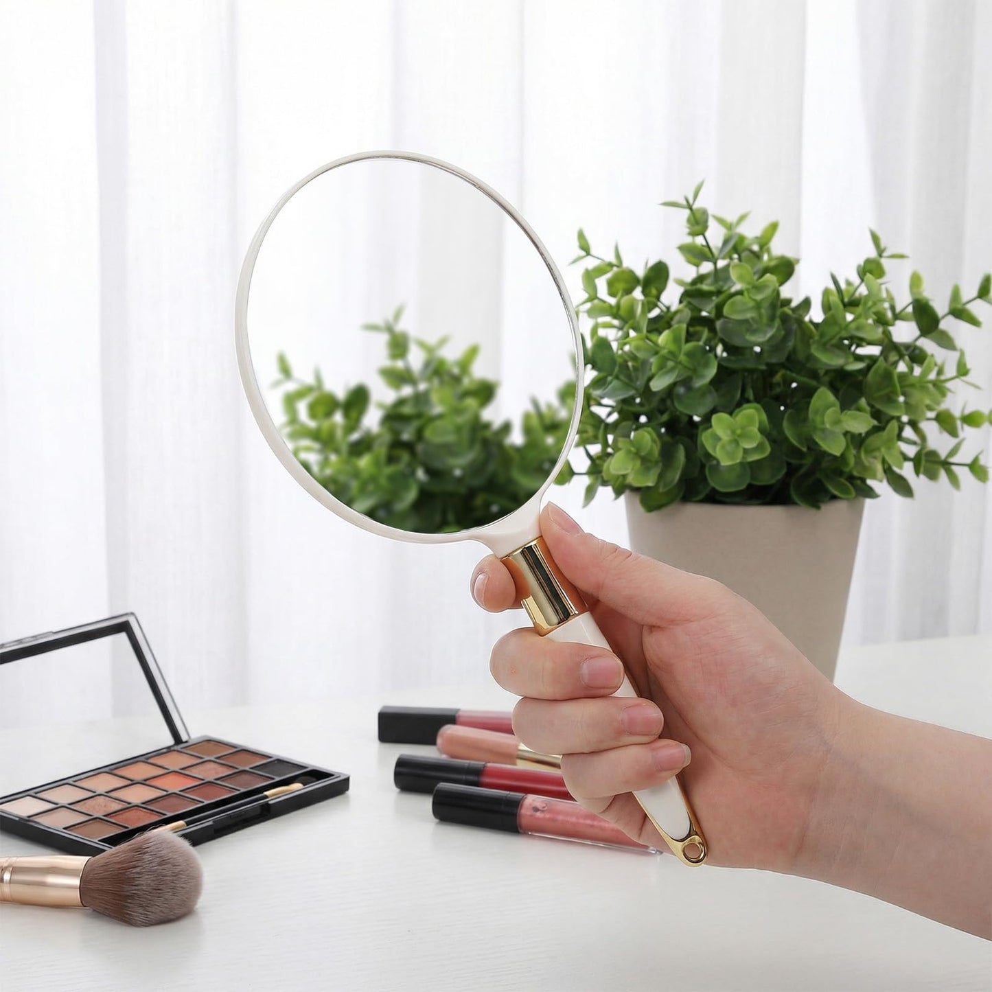 Zyghjort Round Hand Held Mirror, White Handheld Mirror 4.7W X 9.4 L inchs Handle Makeup Mirrors for Women