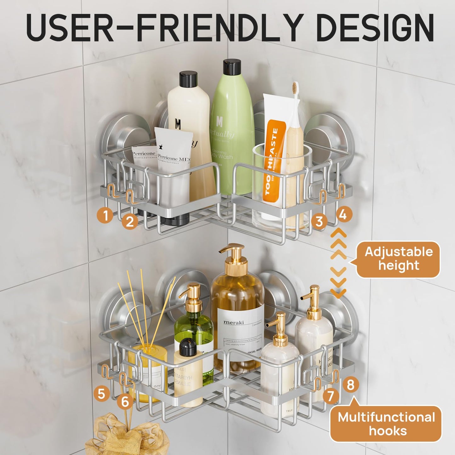 LEVERLOC 2 Pack Strong Suction Cup Corner Shower Caddy, Large Capacity Removable Bathroom Organizer, Stainless Steel Rustproof Shower Shelves with Hook, Drill-Free Wall Mounted Suction Basket, Black