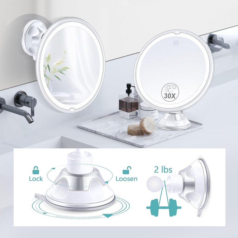 Lighted Makeup Mirror - 30X Magnification with Adjustable Brightness | 3 Color Modes, 360° Swivel Design, Suction Cup
