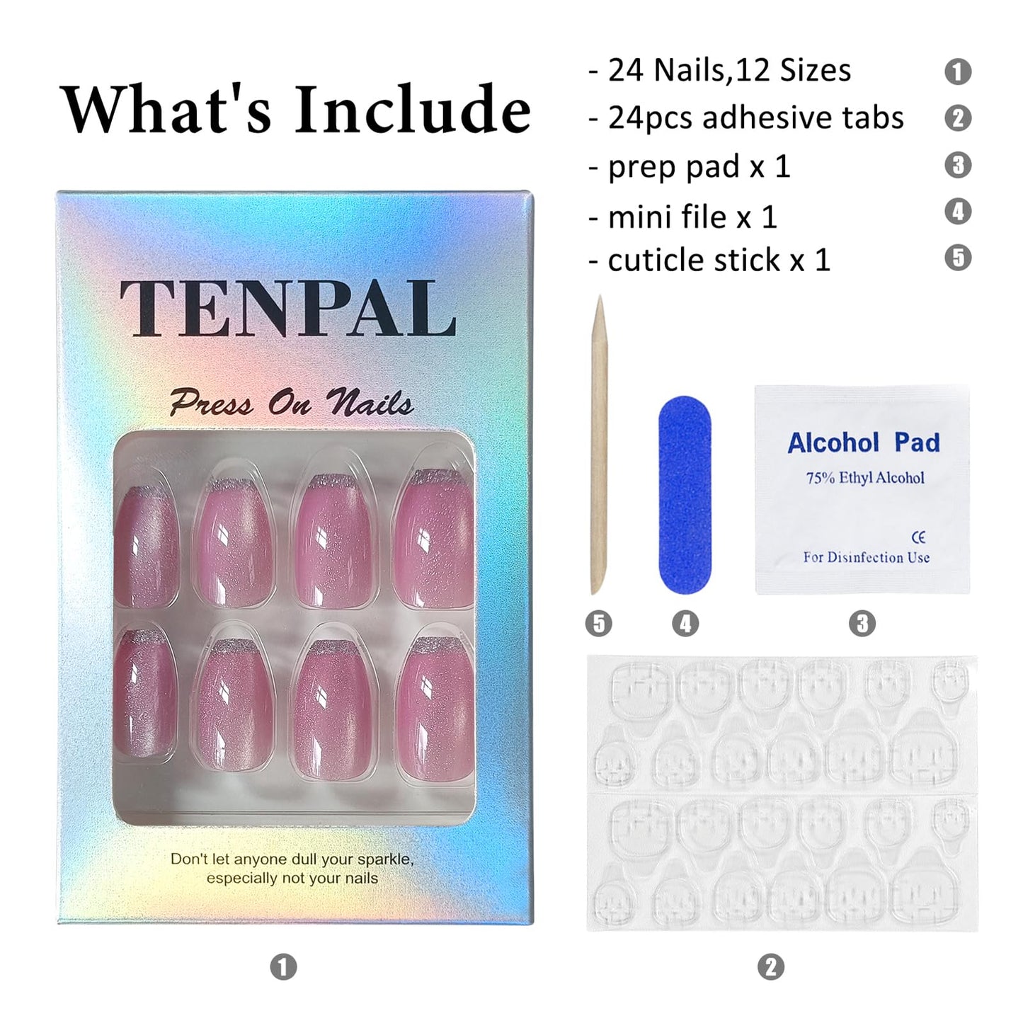 TENPAL Ballet Press on Nails Medium,Pink Cat Eye Glow & Negative Space French Tips False Glue on Nails,Prism Dust Glitter Fake Nails Kit,Y2K Minimalist Nail Art with Tools,Reusable 24pcs Glossy Nails