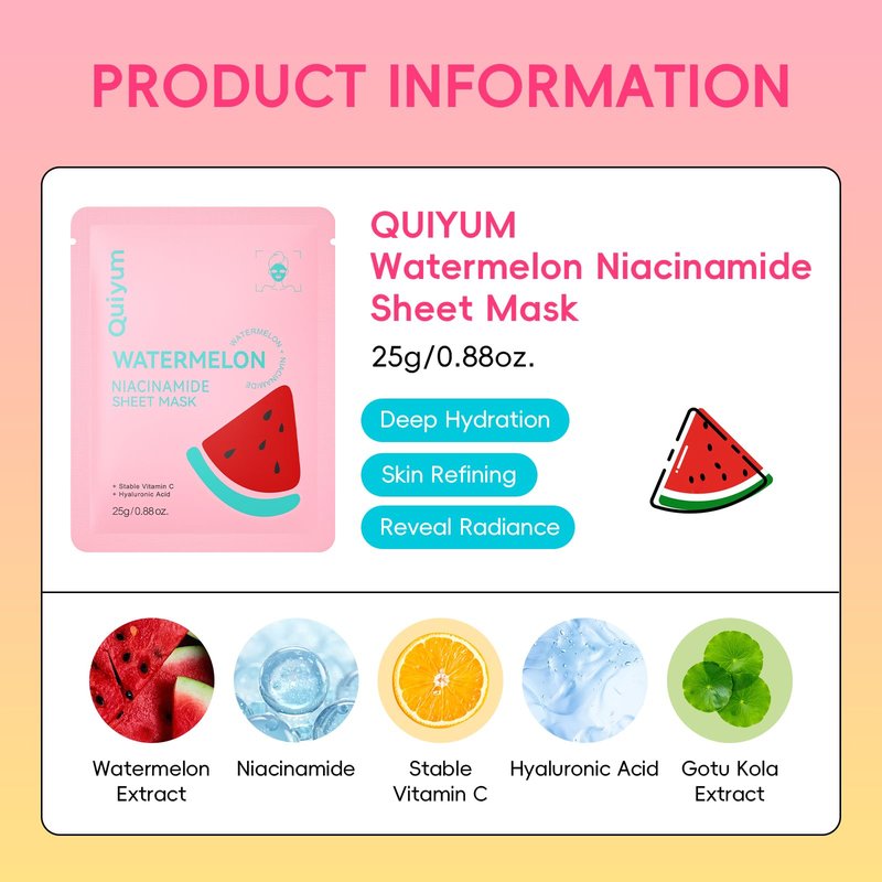 QUIYUM 14 Pack Watermelon Niacinamide Sheet Mask - Hydrating Facial Masks for All Skin Types, Skincare Set, Spa Gift for Women & Teens