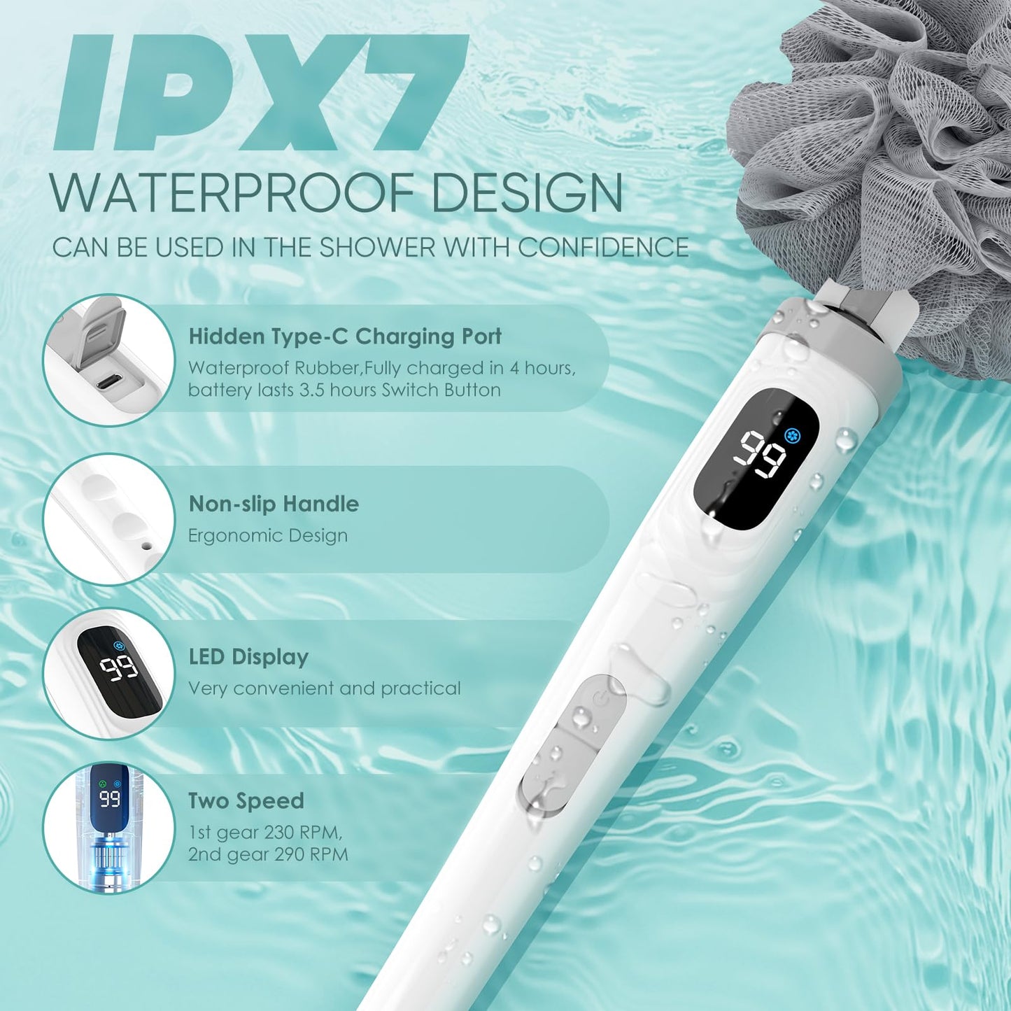 Electric Body Brush Back Scrubber for Shower, Waterproof Long Handle Power Body Scrubber with 3 Heads & 2 Speeds, Rechargeable Bath Brush for Cleansing, Exfoliating, Massaging and Foot Callus Remover