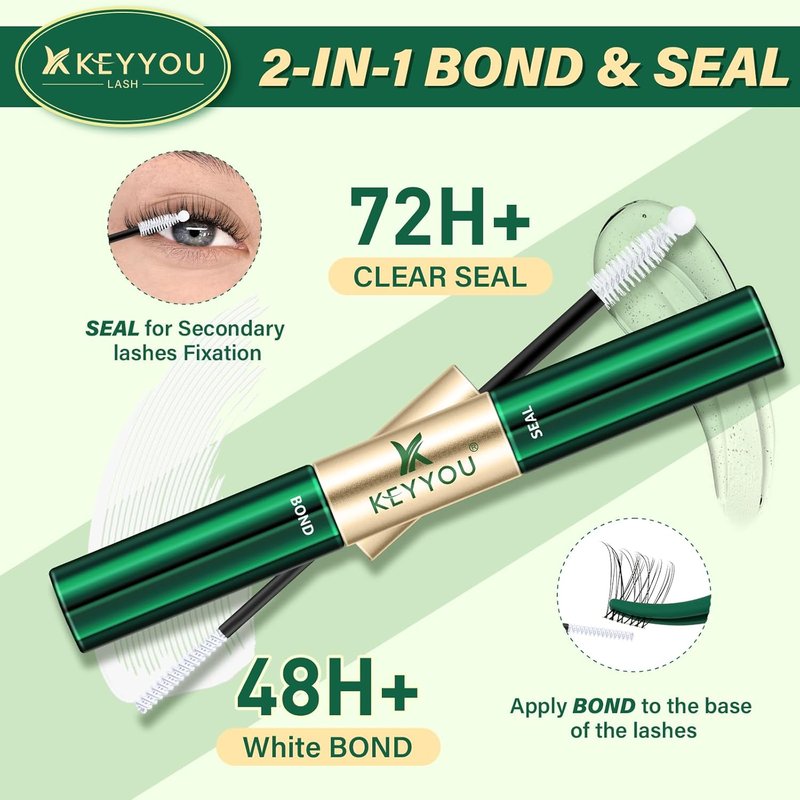 KEYYOU Lash Bond and Seal | Strong Waterproof Cluster Lash Glue - 5ml + 5ml Clear for Comfortable Wear