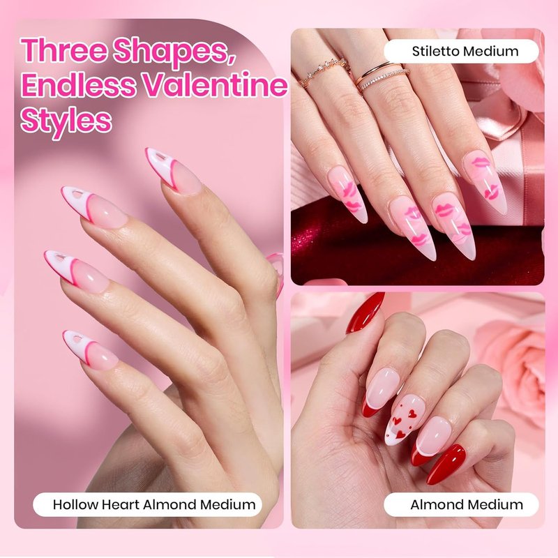 Beetles Nail Kit - Heart Cutout Design with 192 Pre-Built Almond & Stiletto Tips | Gel Starter Set with UV Lamp & 6 Colors