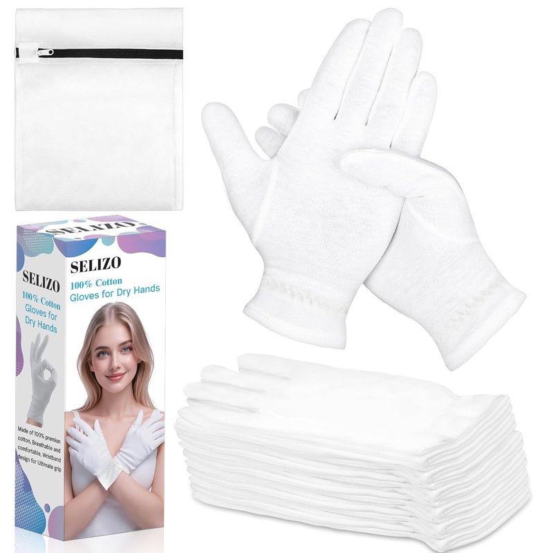 Moisturizing Gloves for Dry Hands - 100% Cotton Overnight Spa Treatment | 6 Pairs, White