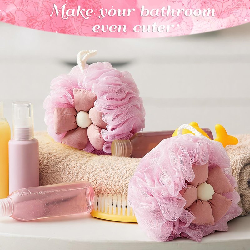 Afarnook 2 Pack Cute Flower Loofah for Women, Bath Loofah Sponge, Mesh Pouf Flower Body Scrubber, Exfoliating Shower Sponge, Bath Scrubber for Sensitive Skin in Beauty Bathing Accessories(Pink)