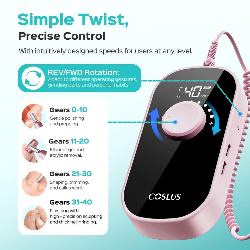 COSLUS E51 Electric Nail Drill Professional: 40000 RPM Rechargeable Nail File with Stand for Acrylic Nails, Stable & Smooth Grinding, Easy to Use, Ideal for Women Beginners, Home DIY and Salon Pink
