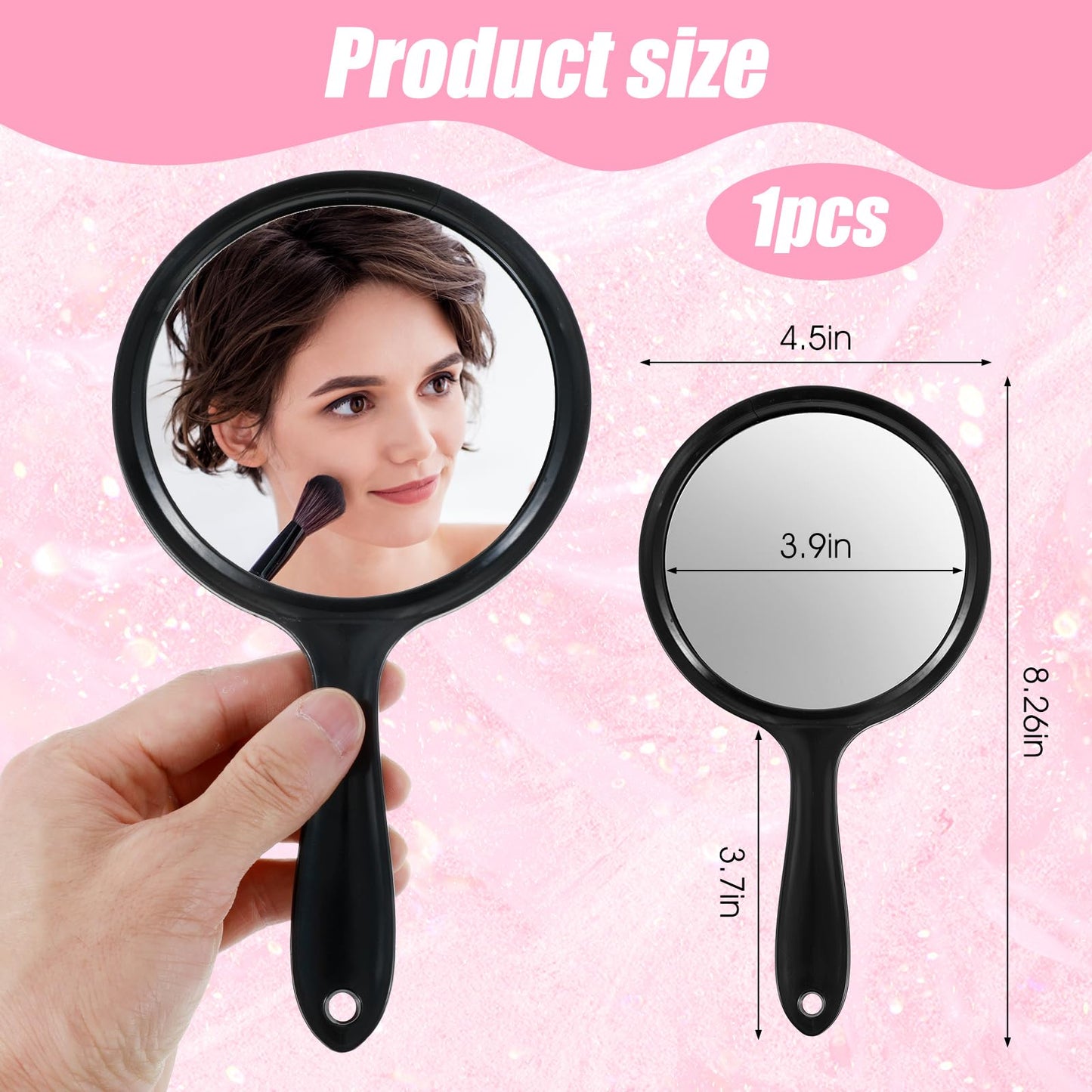 Xinjoduz Handheld Mirror with Handle 8.3 X 4.6 Inches, Compact Double Sided Hand Held Mirrors with 1x/2x Magnification, Portable Travel Essential Makeup Mirror for Women Precision Makeup, Black