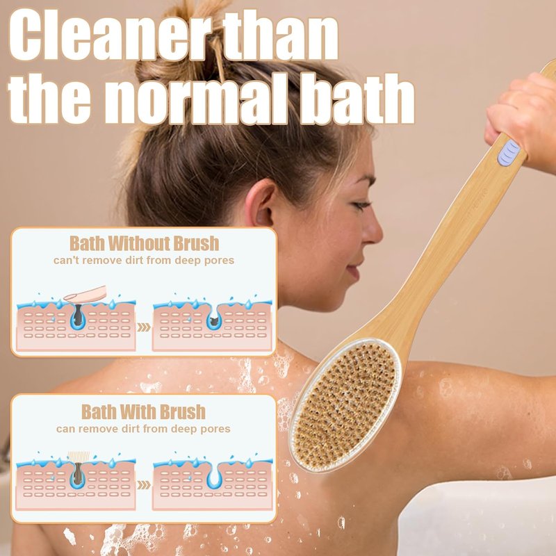 Skiennix Back Scrubber - Long Handle Bath Brush for Exfoliating | Wet or Dry Use, Blue