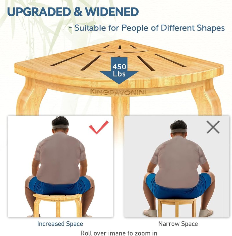 Bamboo Corner Shower Stool - Waterproof Bath Bench Seat with Storage Shelf | Holds Up to 450 lbs