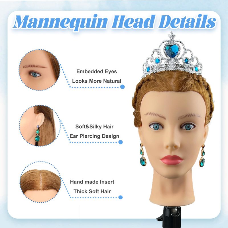 Mannequin Head Human Hair- Cosmetology Manikin Doll Head with 80% Real Hair for Hairdresser Practice Styling Braiding Training Heads & Free Clamp Holder (Brown)