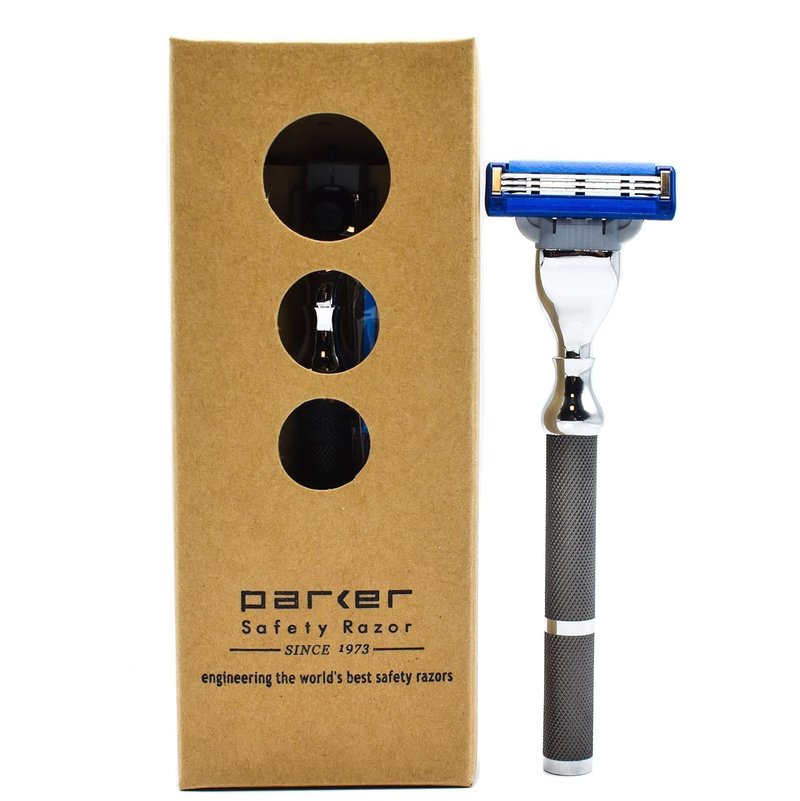 Parker 42M 43M Heavyweight All-Metal Triple Blade Razor – Shaving Razor with Brass Frame + Deluxe Textured Graphite Handle – One Gillette Mach 3 Razor Blade Included