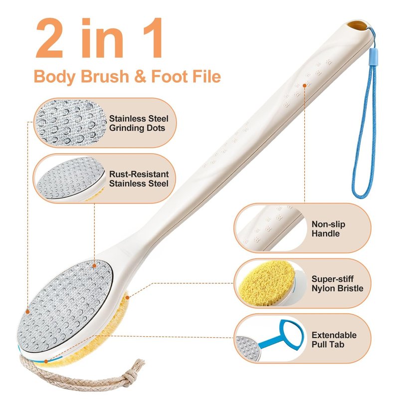 BUBBLEDANCE® Foot Scrubber & Callus Remover, 2-in-1 Long Handle Foot Brush with Stainless Steel Scraper and Hard Nylon Bristles, Exfoliating Feet Scrubber Dead Skin Remover for Shower