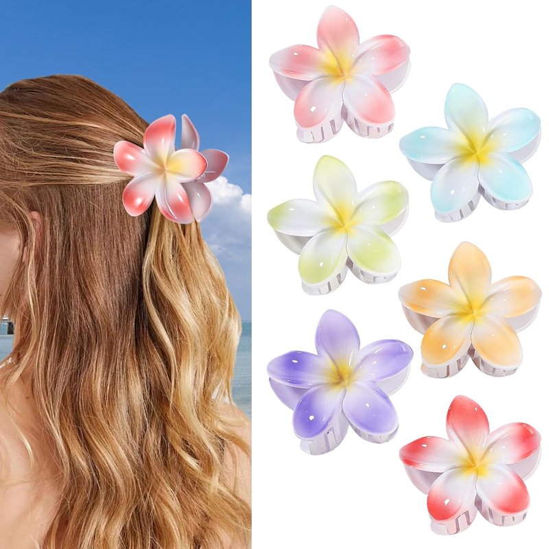 Flower Hair Clips - 6 PCS Hawaiian Claw Clips for Thick & Thin Hair | Cute Plumeria Accessories - Light Petal