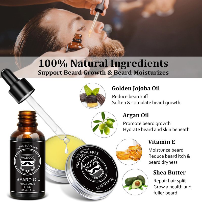 MALE GOD Beard Kit for Men Grooming & Care, Beard Growth Kit w/Natural Ingredients Beard Oil, Balm, Brush, Comb, Father's Day & Chirismtas & Birthday Gifts for Men Dad Him Husband Boyfriend