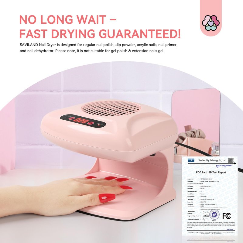 SAVILAND 300W Quick Nail Dryer: Hot & Cold Air Modes, Adjustable Fan for Acrylic, Dip Powder, Gel, Regular Polish - Nail Tech Must Have