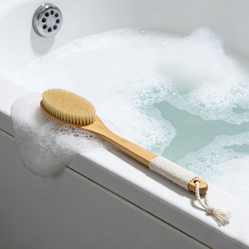 Bamboo Back Scrubber with 16.7 Inch Curved Long Handle Exfoliating Back Scrub Skin Deep Cleansing with Natural Bristles for Men and Women Bath Back Exfoliator Body Dry Brushing