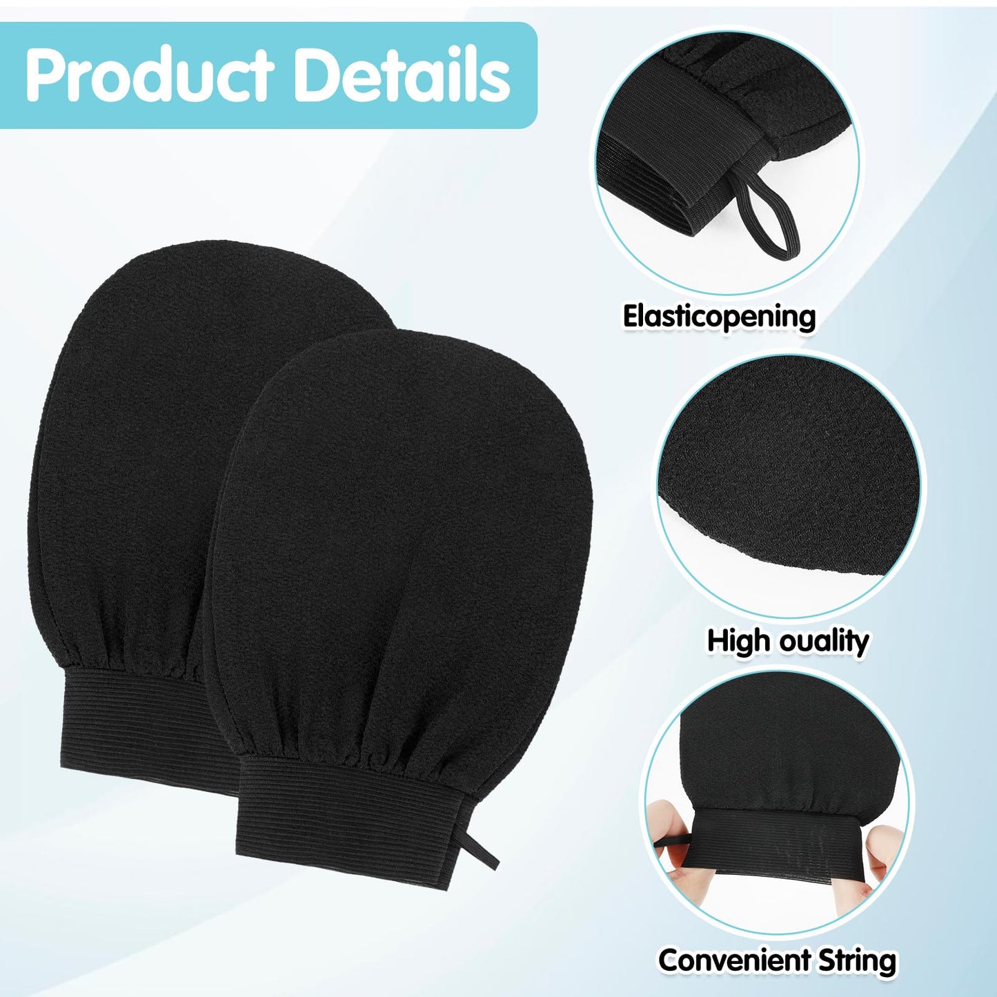 2 Pairs Exfoliating Mitt for Body, Double Sided Exfoliating Glove Body Scrubber, Heavy Shower Gloves for Bodys Scrub, Exfoliates & Removes Dead Ski, Asian Bath Massage Mitts for Women and Men, Black