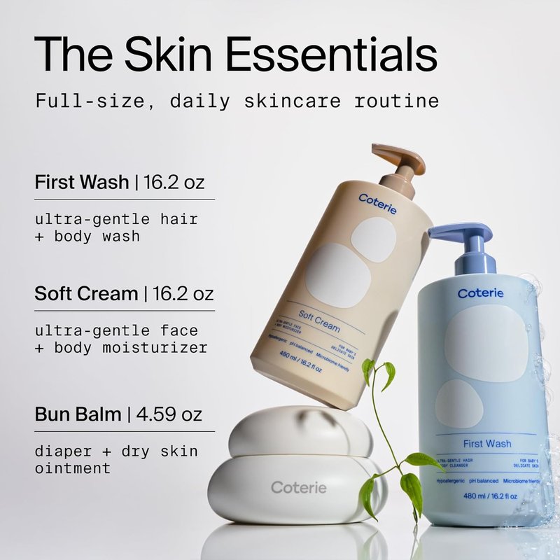 Coterie Newborn Diapers (93 Count) & Skincare Essentials Set - Hypoallergenic Shampoo, Lotion & Balm for Sensitive Skin