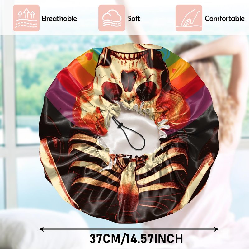 Cabreche Luxury Shower Cap Satin Silk Lined Adjustable Elastic Reusable Waterproof Shower Bath Cap Cute for Women Girls-Rainbow Skeleton