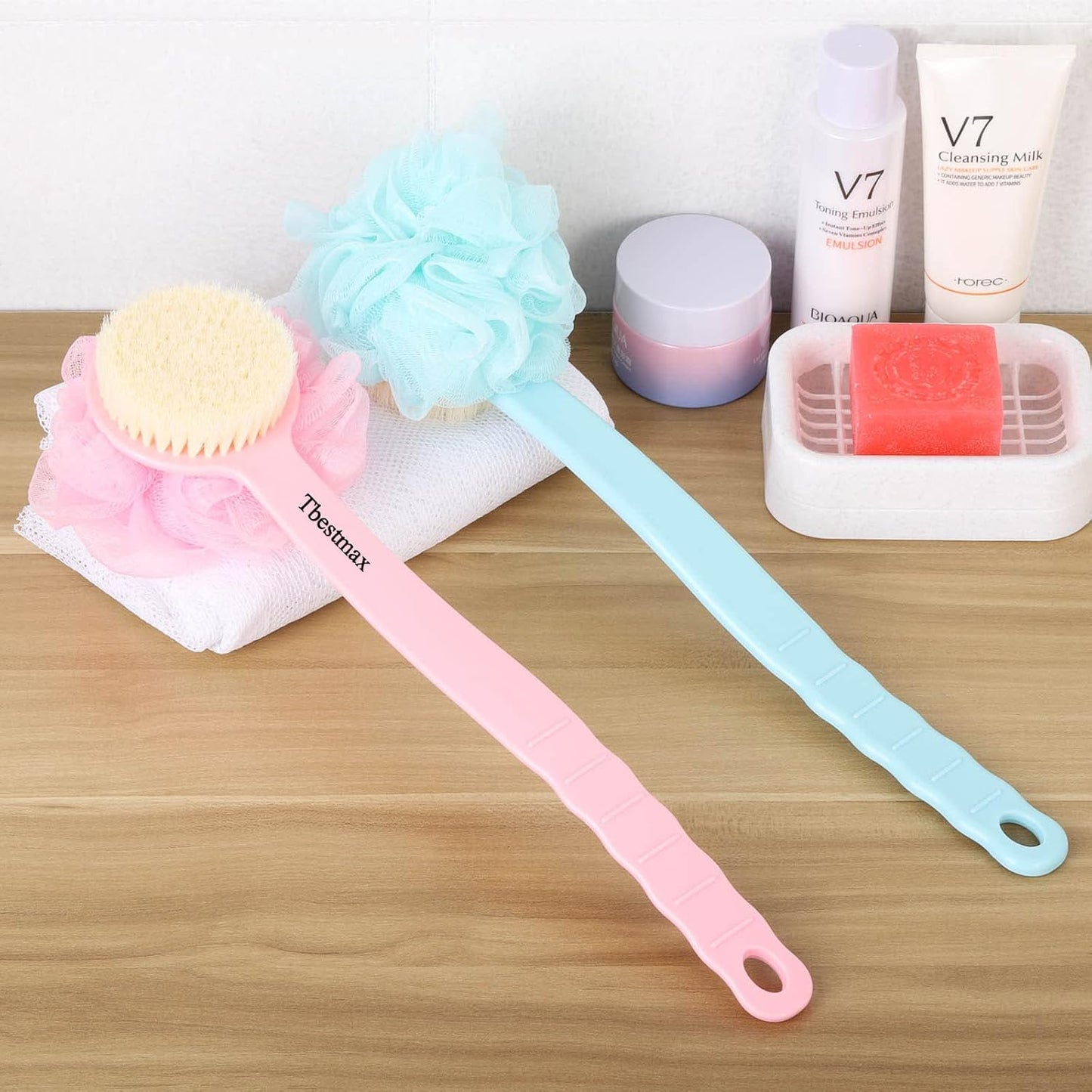 Tbestmax Loofah Back Scrubber - Long Handle Shower Body Brush for Women | Soft Mesh Sponge for Exfoliating & Massage