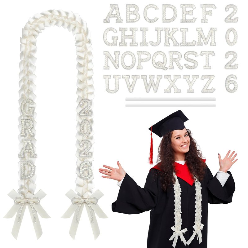 Maysing DIY Class of 2026 Graduation Leis with 30 Pearl Patches Letters and Numbers Graduation Money Leis Double Braided Ribbon Necklace for High School College 2026 Grad Party Decor(White)
