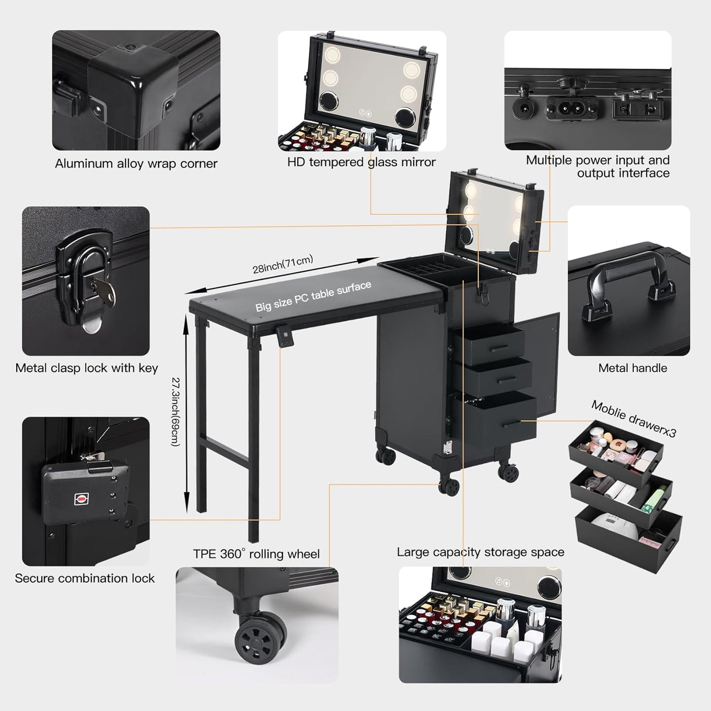 Skiennix Portable Nail Desk - Foldable Manicure Table with 3 Drawers & Mirror | Rolling Mobile Workstation in Black
