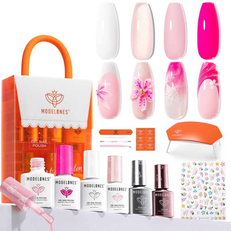 Modelones Gel Nail Polish Kit with U V Light, White Jelly Glitter Hot Pink Neon Pastel Manicure Set, Flower Stickers Base Top Coat 4 Colors Gel Mini Salon Nail Art Tools Starter Gift for Women