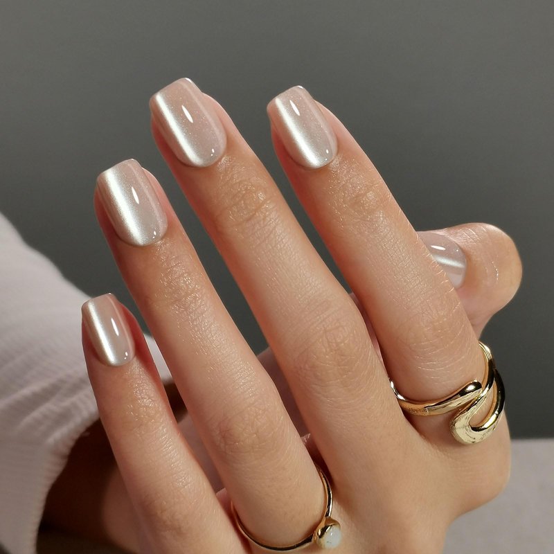 Cat Eye Nude Press on Nails Square - SHANGMENG Soft Gel Press on Nails Short for Women Gift, Fit Perfectly & Natural Stick on Nails with Glue in 16 Sizes - 32 Reusable Fake Nails, Light Nude