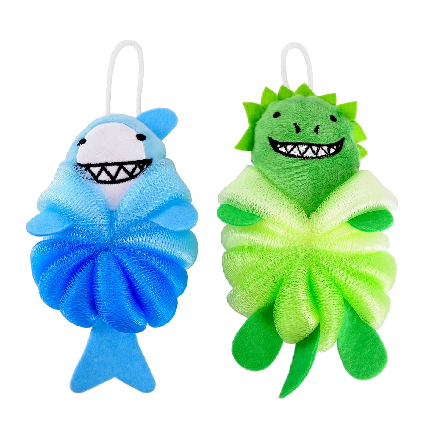 RAMFIYN 2 Pack Fun Bubble Bath Kid Loofahs, Cute Animal Loofah Bath Sponge, Shower Puffs Body Scrubber, Fun Bath Sponges - Shark and Dinosaur