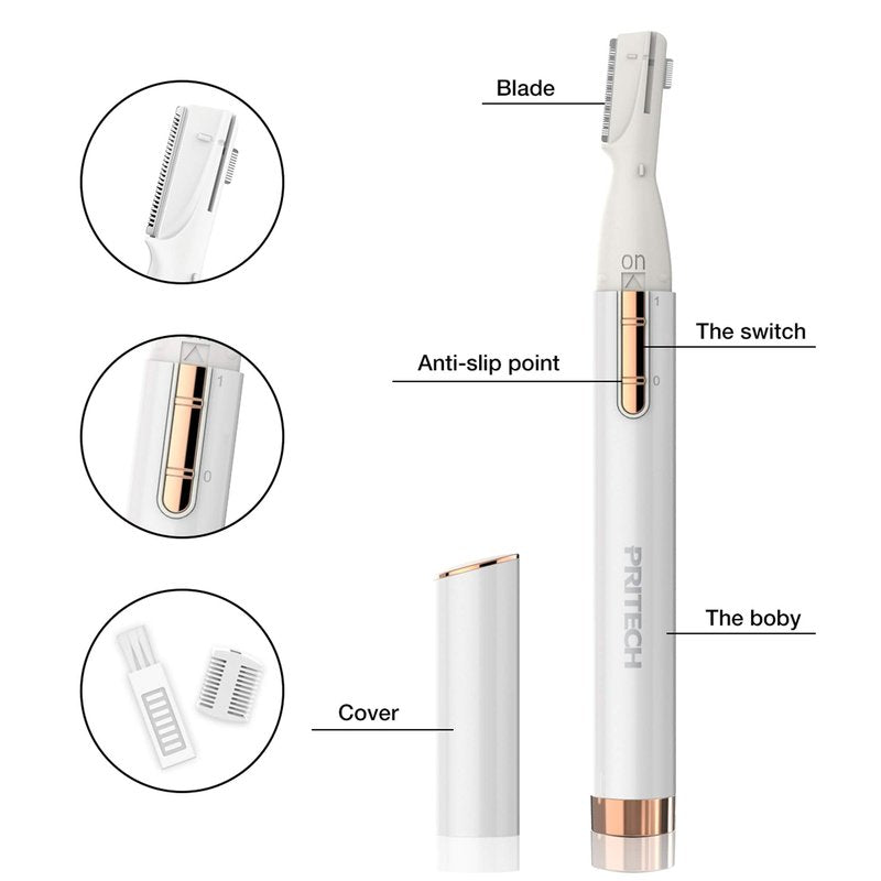 Electric Eyebrow Trimmer - Facial Hair Remover for Eyebrows, Face, Chin, Neck & Upper Lip - Painless Precision Shaver with Comb & Replaceable Blades - Battery Powered & Portable for Peach Fuzz & Body