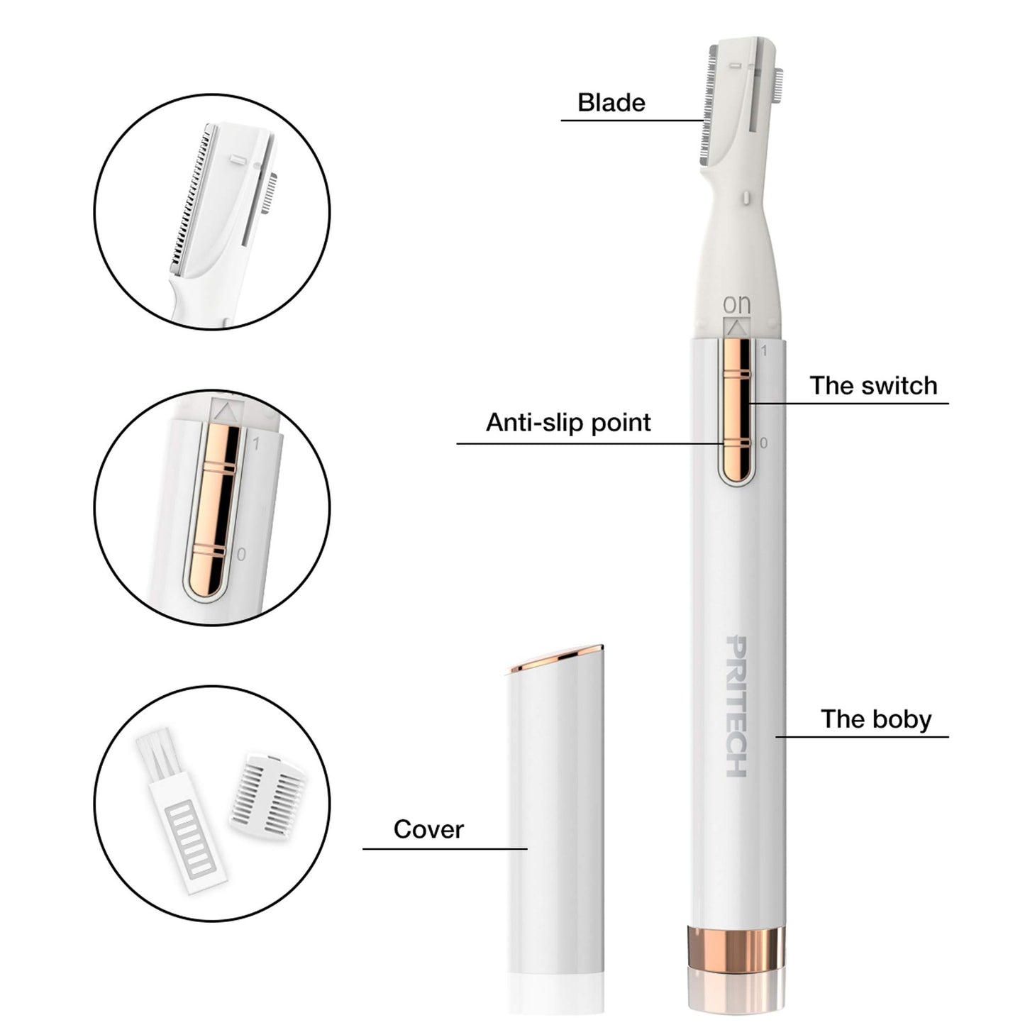 Electric Eyebrow Trimmer - Facial Hair Remover for Eyebrows, Face, Chin, Neck & Upper Lip - Painless Precision Shaver with Comb & Replaceable Blades - Battery Powered & Portable for Peach Fuzz & Body