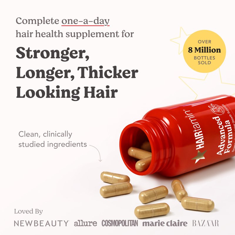 HAIRtamin Advanced Formula Hair Growth Supplement for Women & Men, Supports Stronger, Longer, Visibly Thicker Hair, With 5000 mcg Biotin, Vitamins & Antioxidants, 100% Vegan – 1 Month Supply